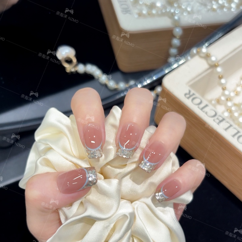 【海盐蓝法】纯手工冰透显白法式温柔纯欲美甲穿戴甲