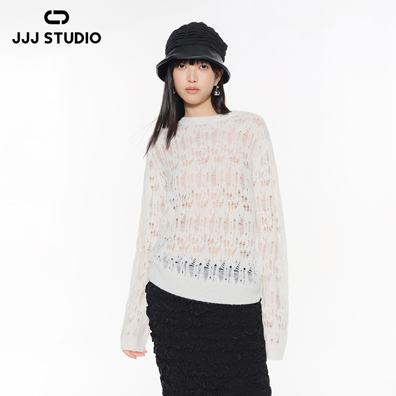 JJJ STUDIO 白色镂空钩花长袖圆领温婉气质时尚针织衫 JDWFA1Z271