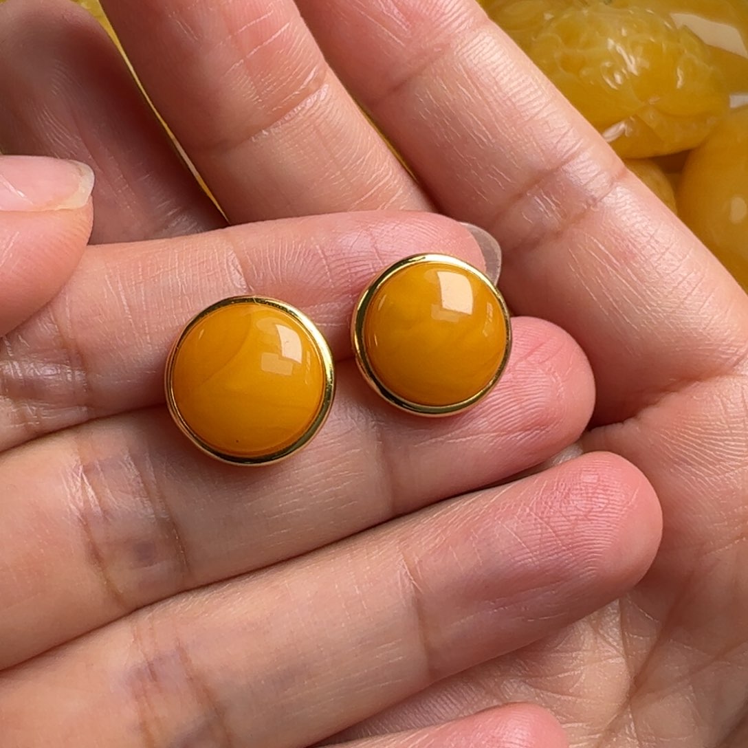 蜜蜡耳钉银S925镀金镶嵌