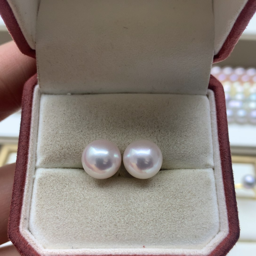 海水珍珠耳饰18K金镶嵌9-9.5akoya素钉