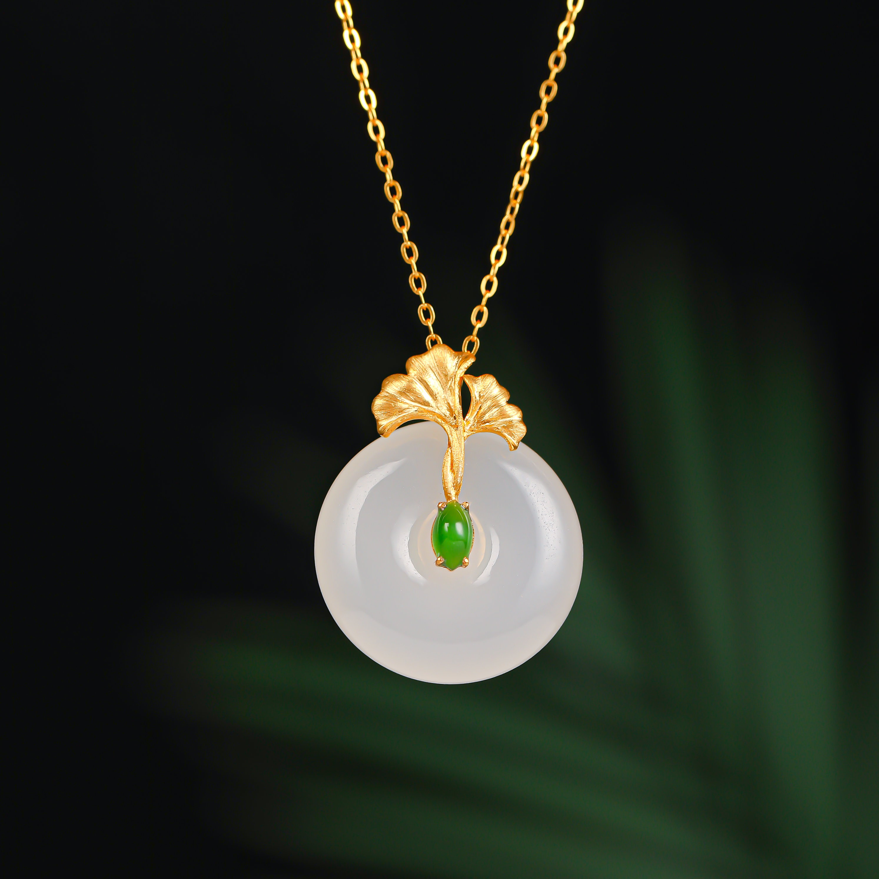 18K金银杏镶嵌25mm高货白玉平安扣HNZ11247