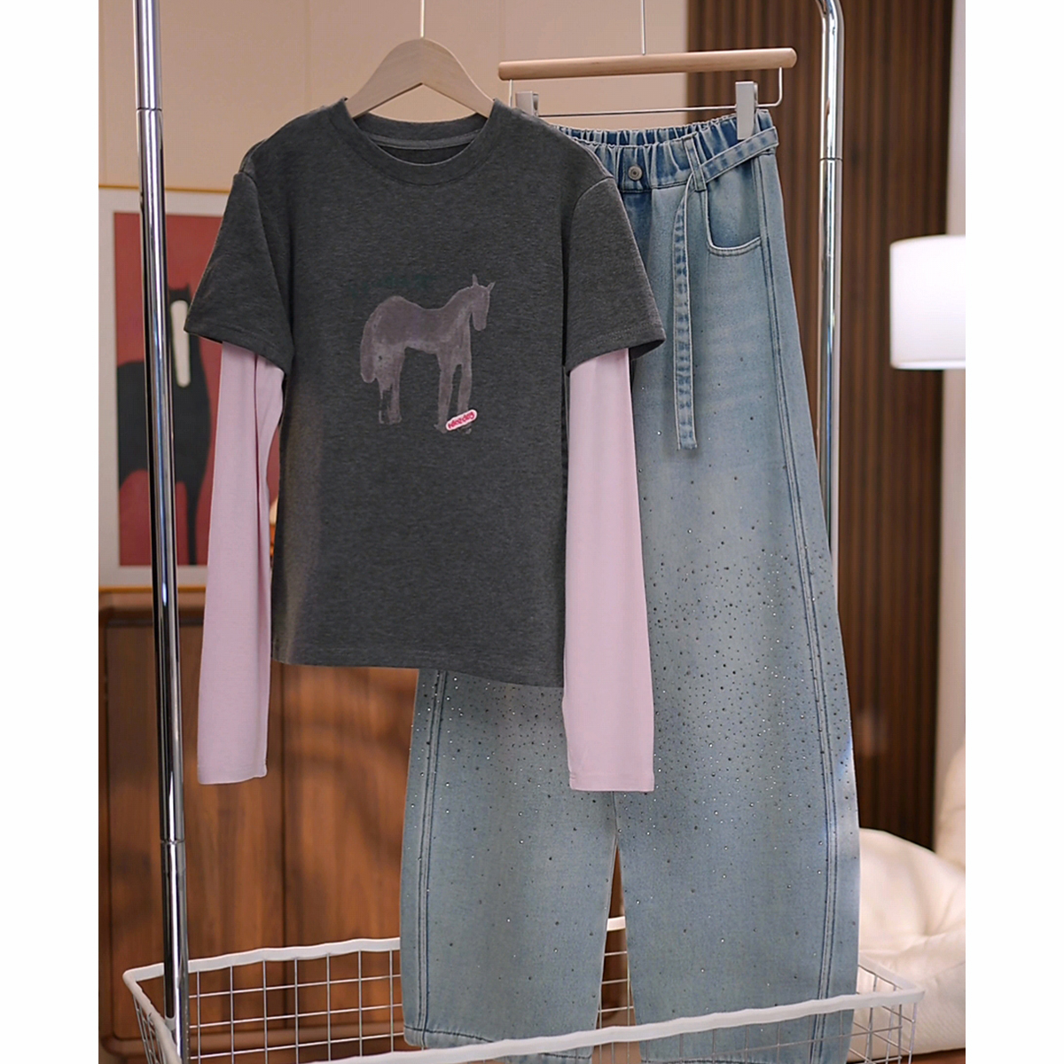 女大童假两件长袖上衣2026新款设计感儿童洋气外穿打底T恤