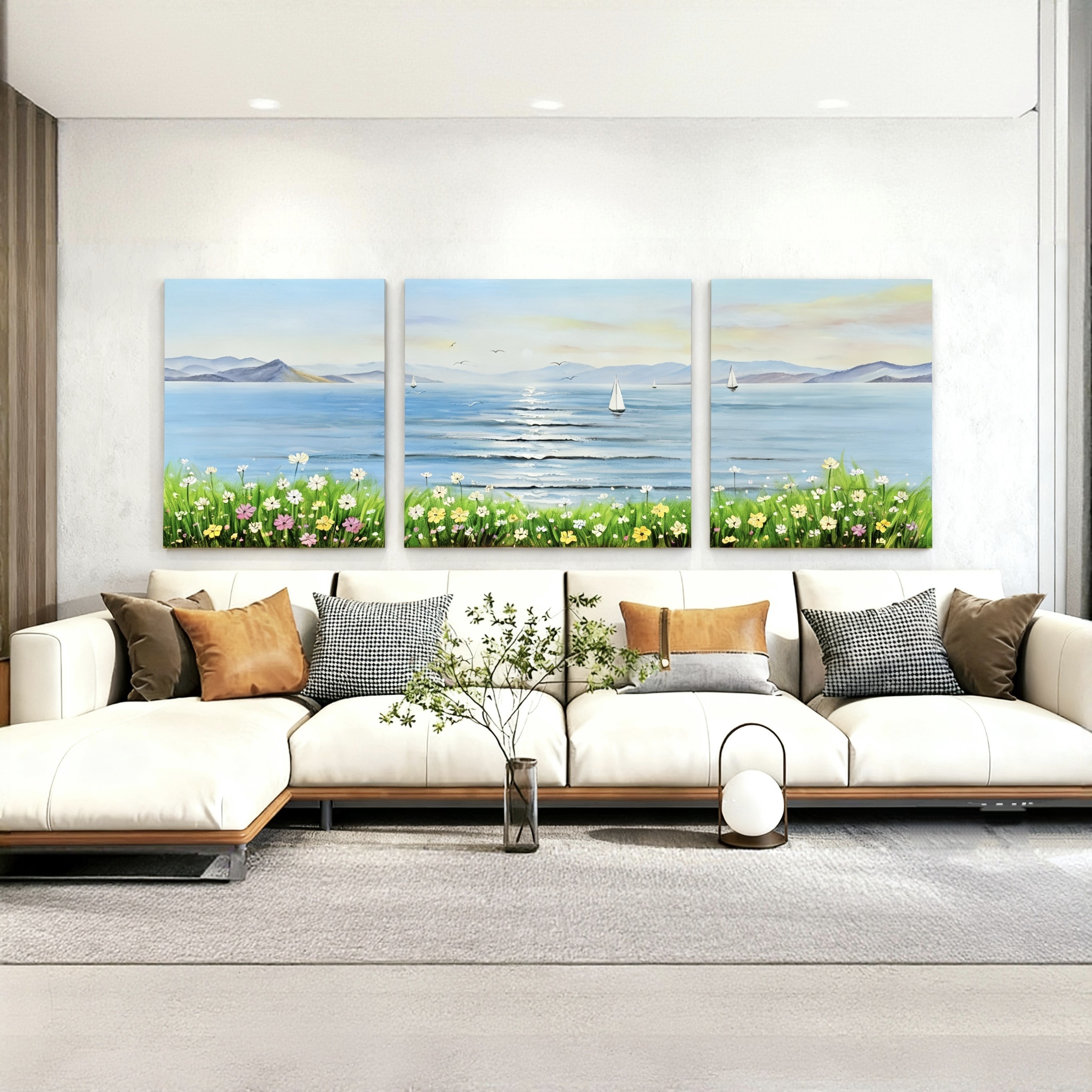 《海边繁花》现代简约客厅海景三联挂画高端沙发背景装饰画