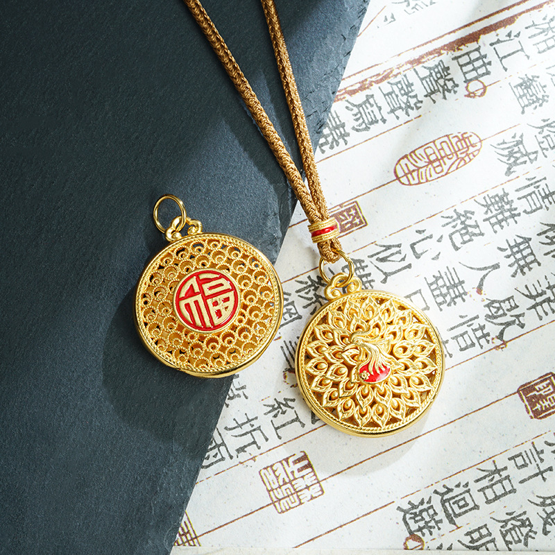 铜合金项链 国潮越南复古百搭凤凰福字圆牌项链女百搭宫廷风饰