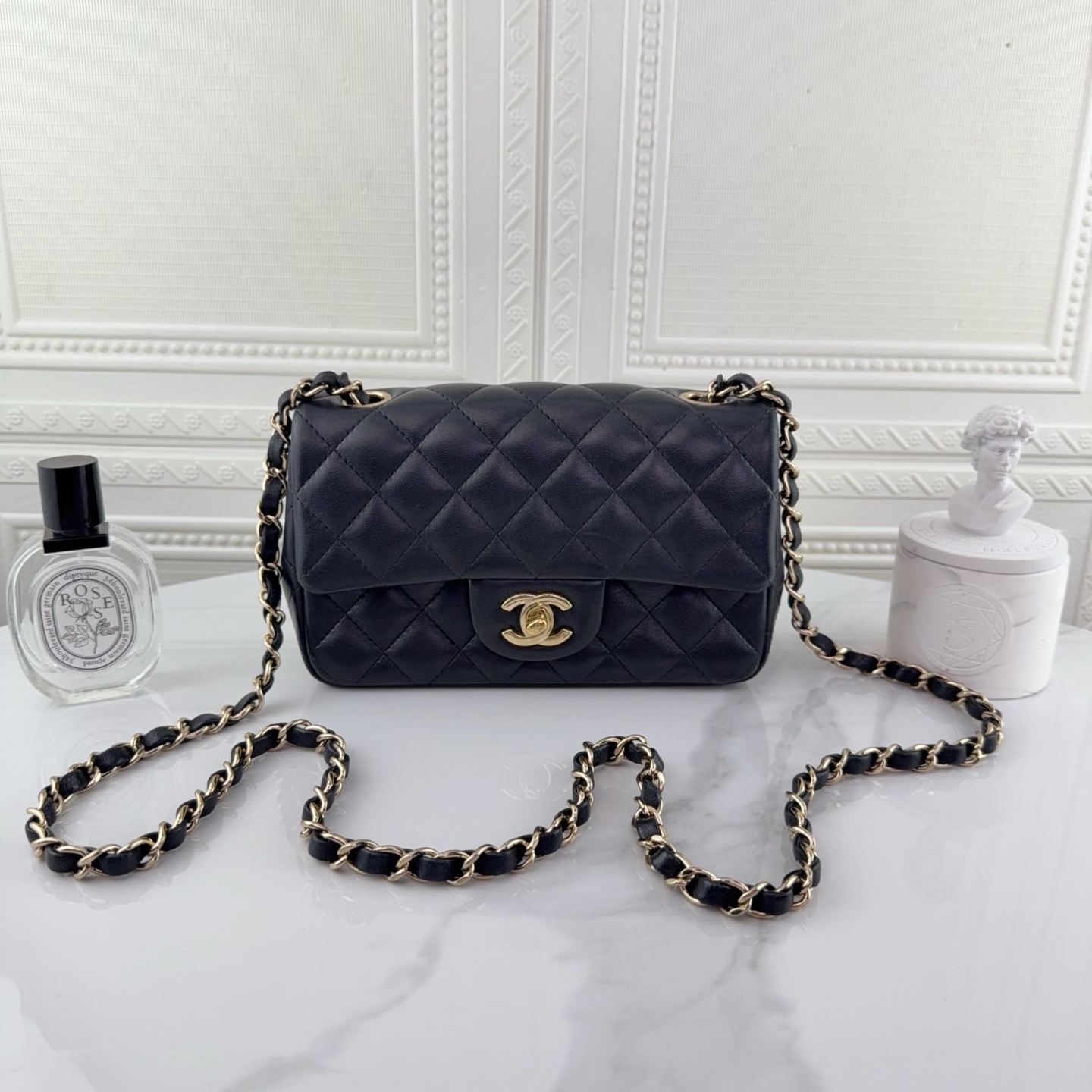 99新 Chanel/香奈儿 女士黑金羊皮 大mini 芯片款单肩二奢包包