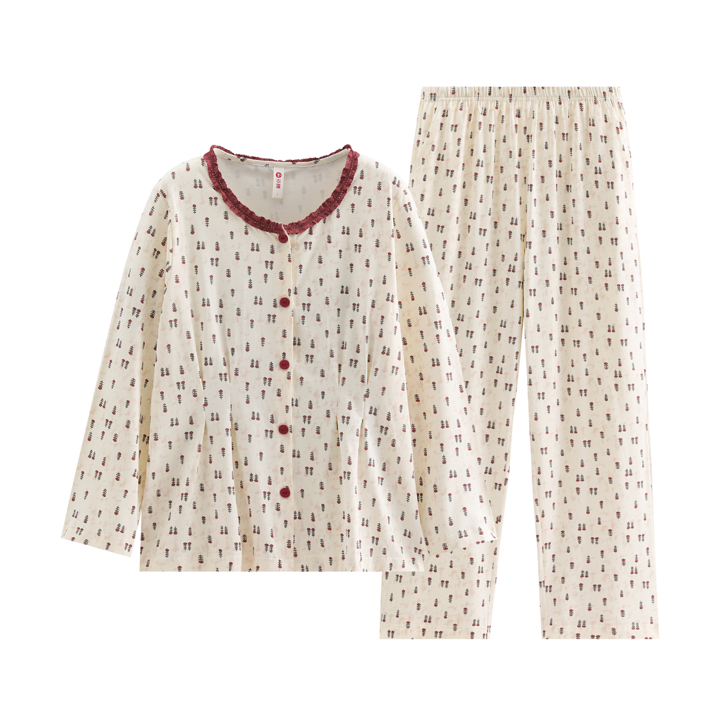 芬腾睡衣女士新款春秋季纯棉圆领花边开衫长袖长裤全棉家居服套装