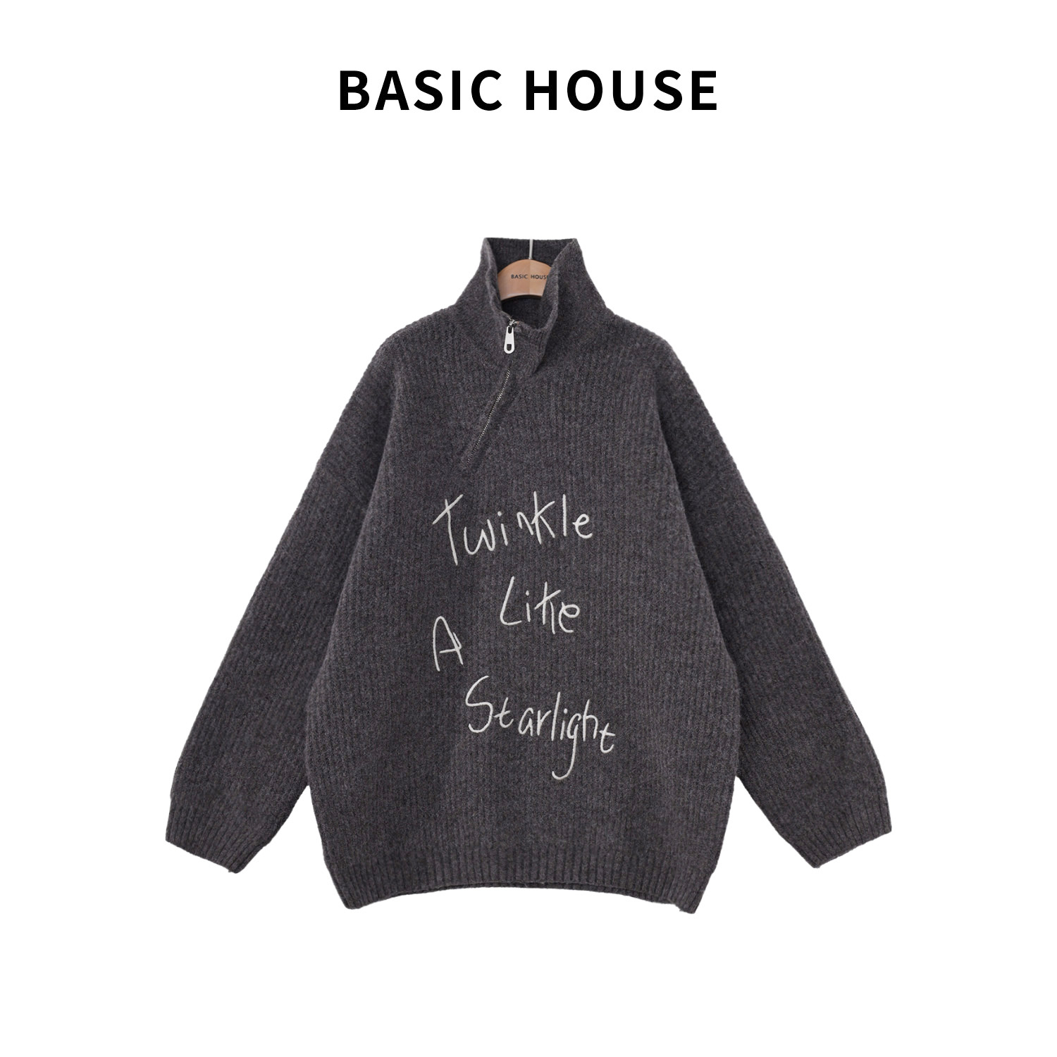 Basic House/百家好高领拉链韩版时尚百搭慵懒风ins针织毛衣L522