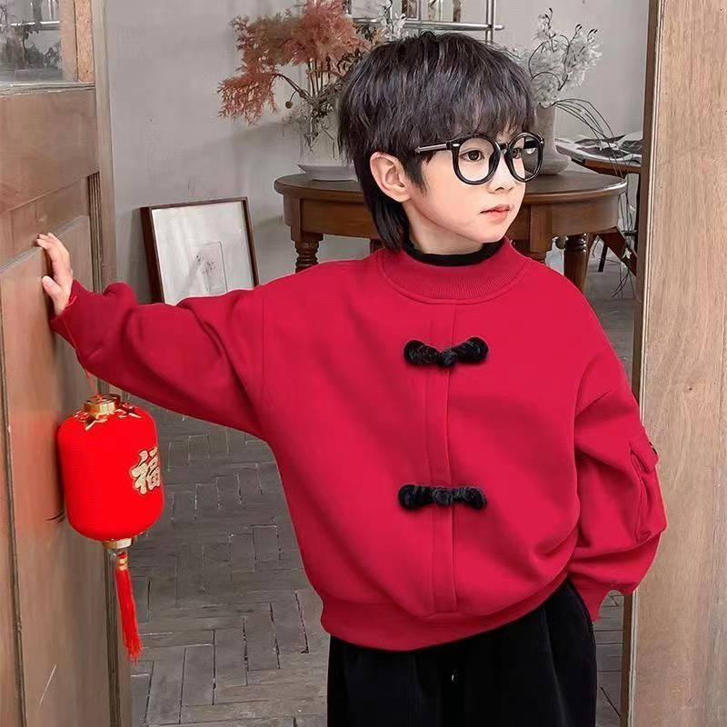 2025冬季新款男童女童红色加绒卫衣儿童新中式拜年服加厚保暖上衣