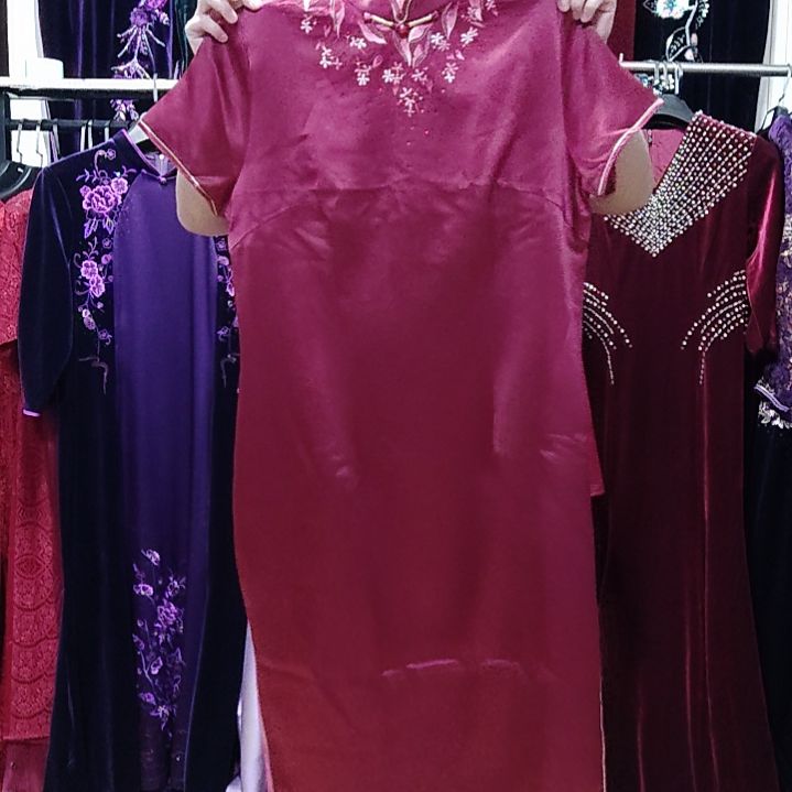 酒红品牌100醋酸缎带里衬刺绣旗袍3xl130斤以内
