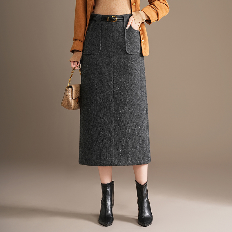 高级灰保暖毛呢半身裙女冬2025新款高腰口袋开叉一步裙中款包臀裙