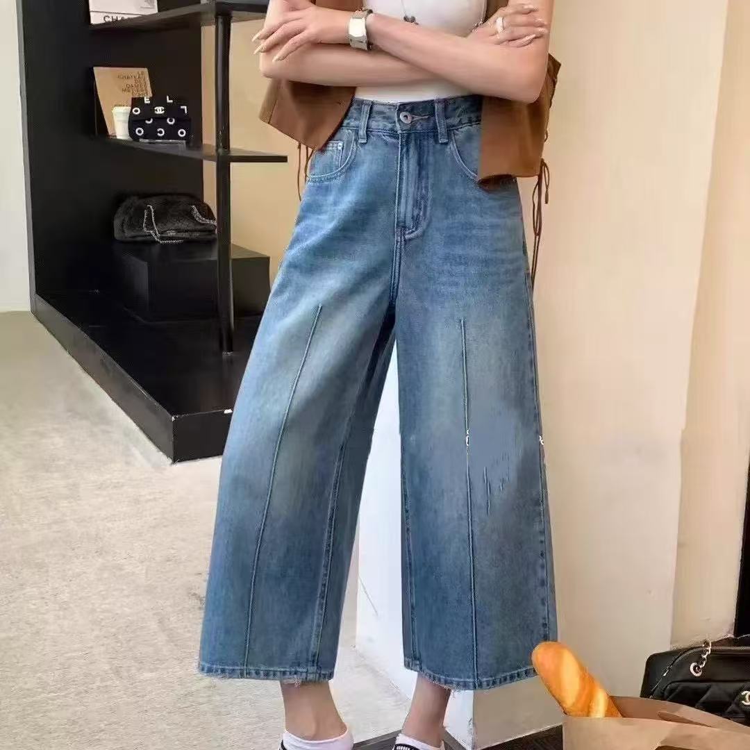 夏季韩版宽松高腰无弹鱼骨七分牛仔裤H6908