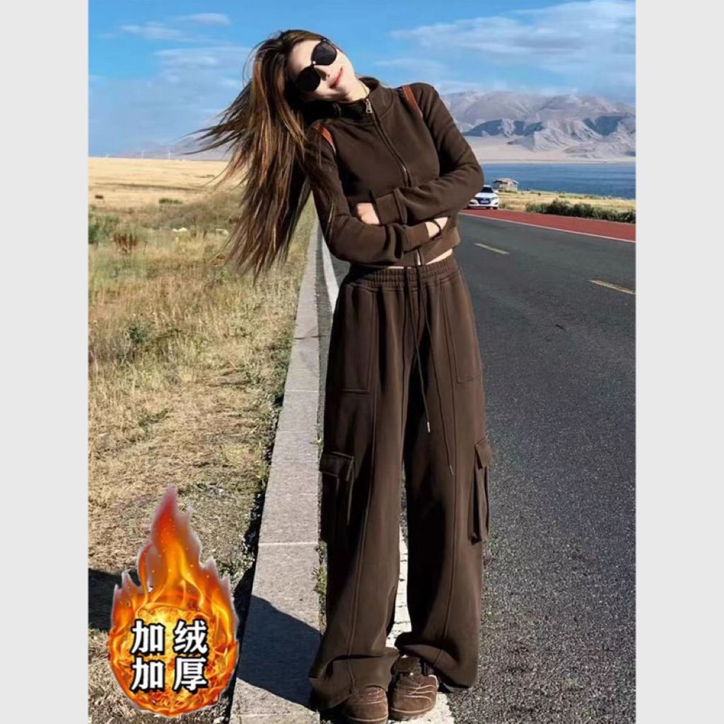 品牌正品咖色休闲运动套装女秋冬高级感洋气立领显瘦工装裤两件套