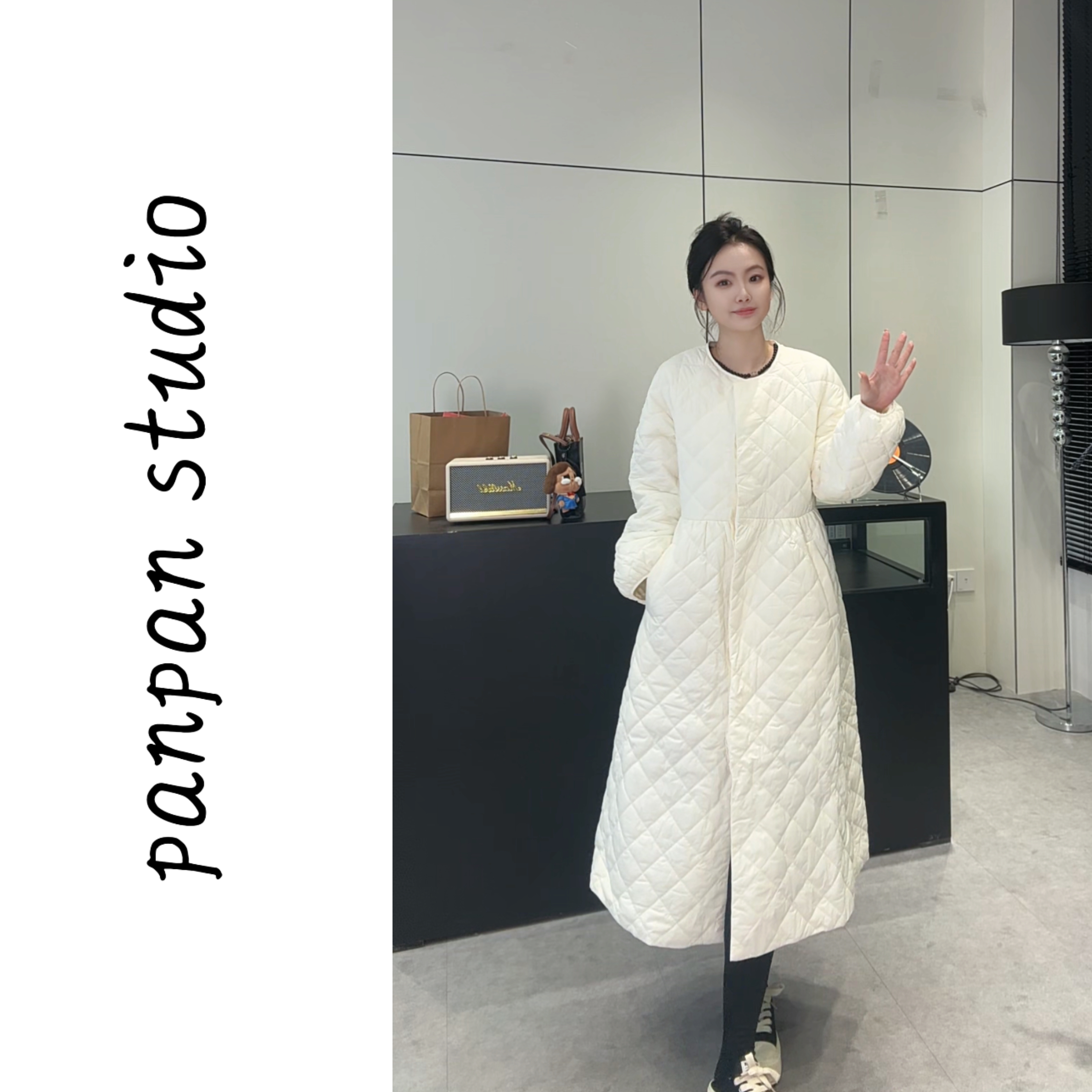 潘潘/2025新款时尚宽松显瘦遮肚子菱形格棉服外套7313