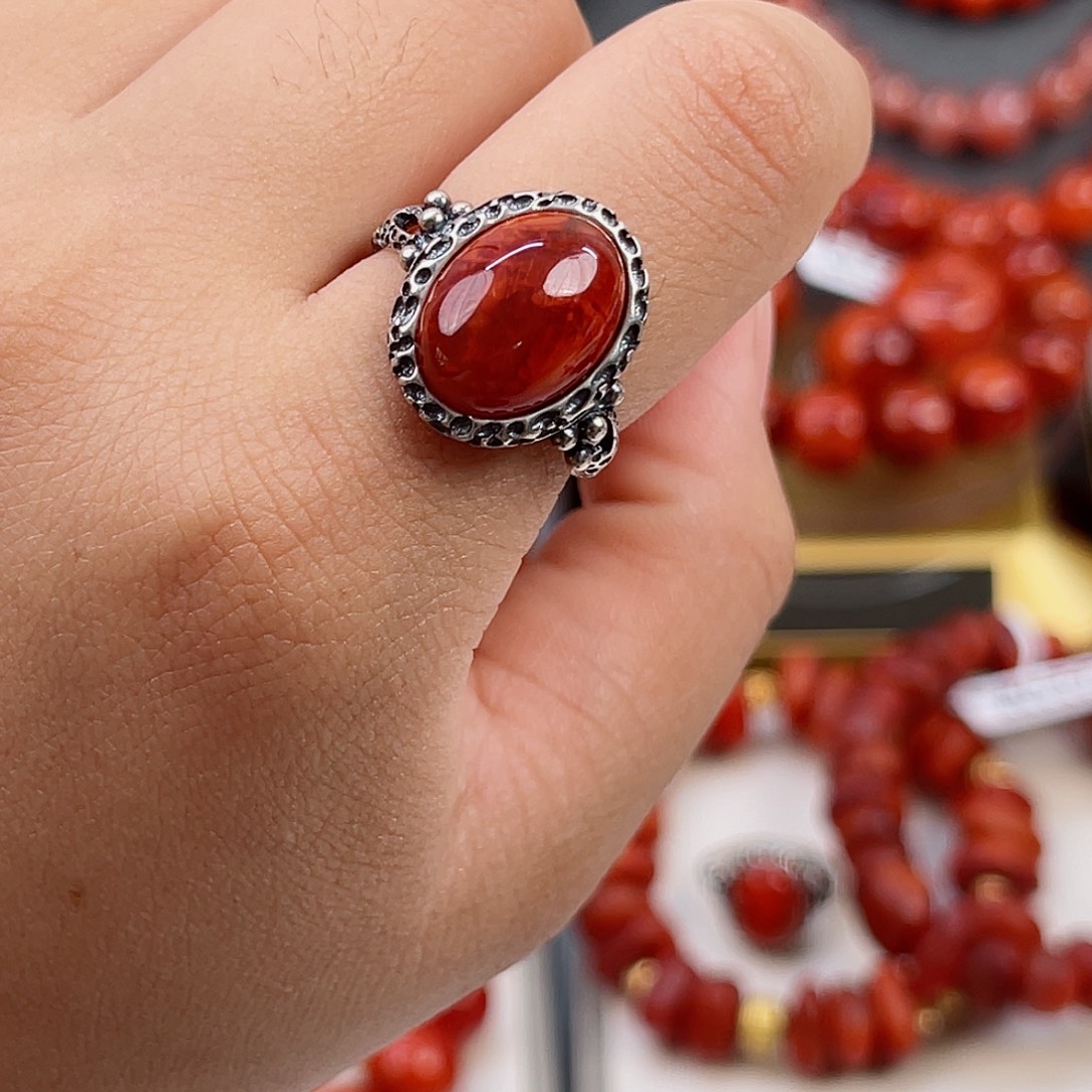 南红玛瑙瓦西牛血红戒指银S925镶嵌