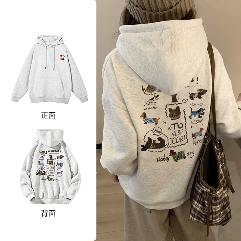 美式卡通印花连帽卫衣女新款秋冬宽松小众潮牌加绒外套#R369