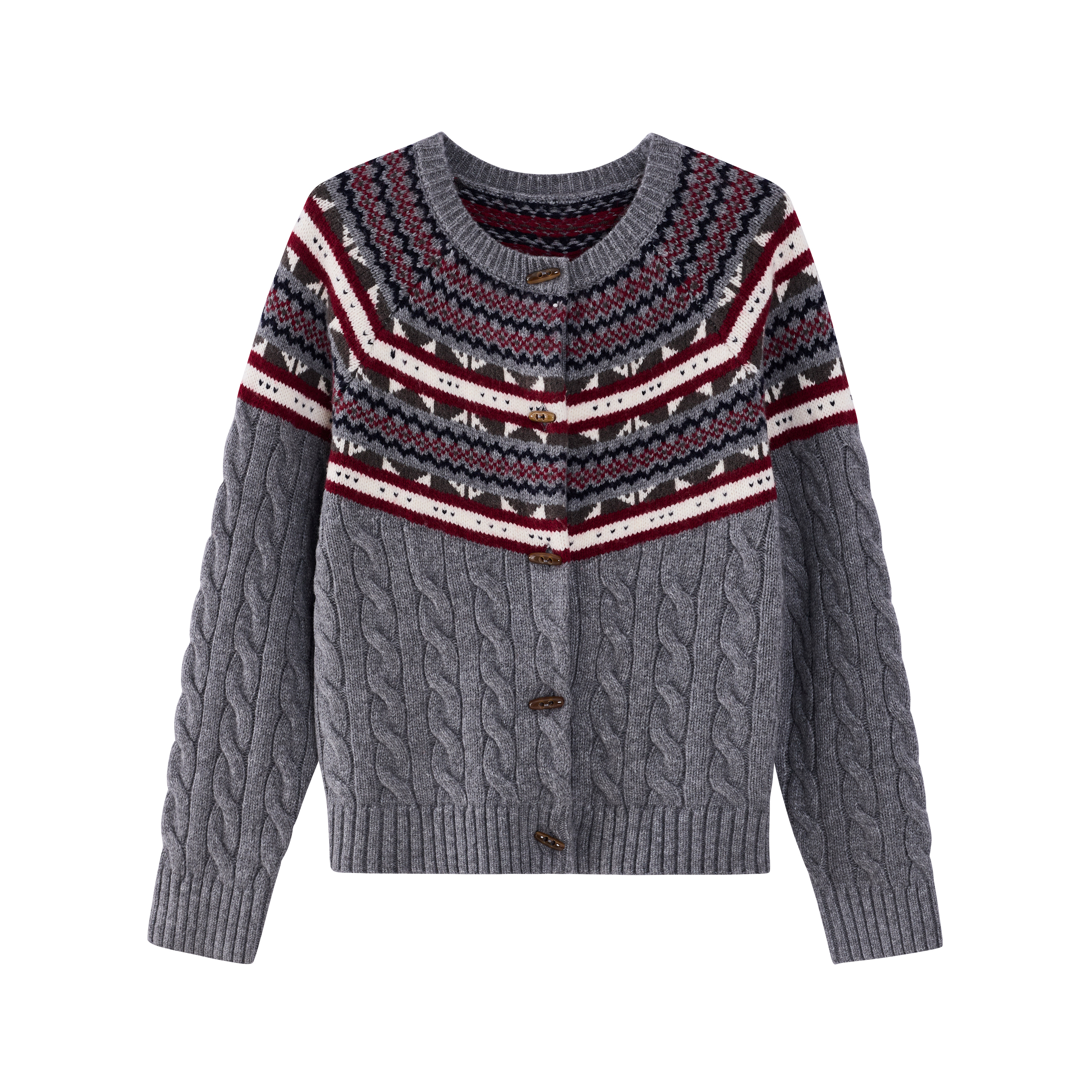 【年终狂欢季】茵曼25冬季撞色刺绣纹理开衫毛衣时尚百搭圆领针织衫