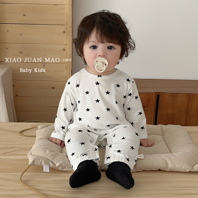 T25Q101 春秋新款韩版婴儿男女宝洋气月亮星星长袖连体爬服家居服