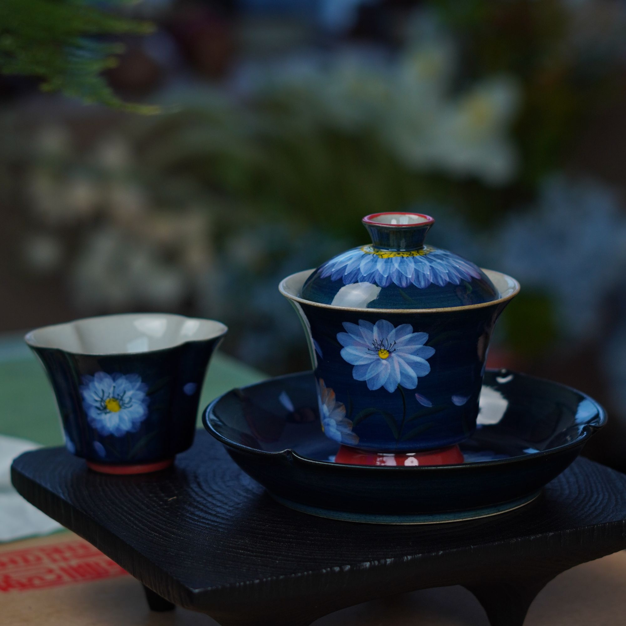 菊蓝纪碧落繁花（马蹄盖碗）重工纯手绘雏菊一碗一杯一壶承三件套