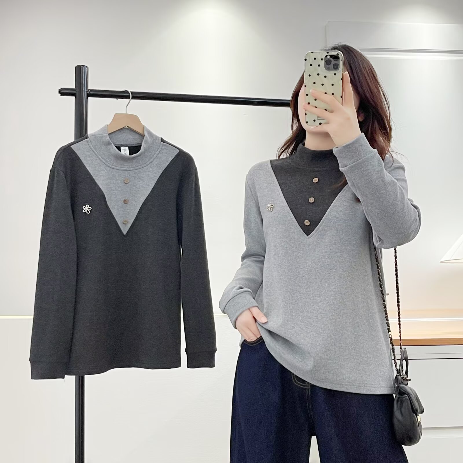 气质时尚加绒加厚女装显瘦女装长袖打底衫冬季半高领假两件T恤衫