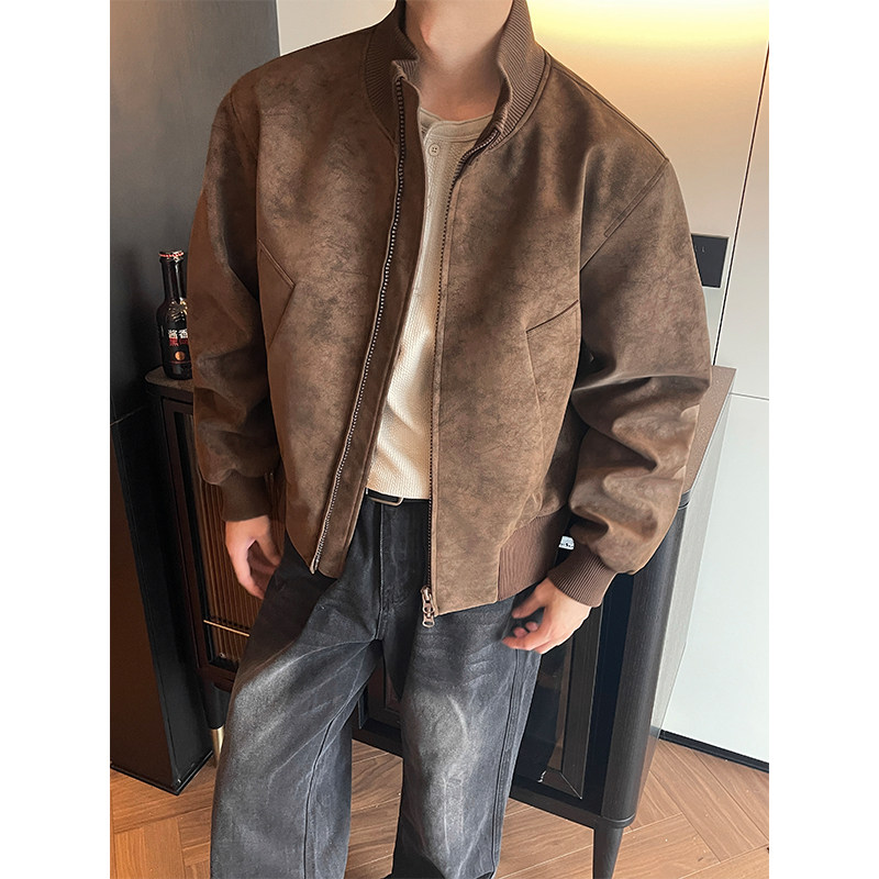 咖色扎染飞行夹克男款秋季cleanfit美式痞帅棒球服高级感皮衣外套