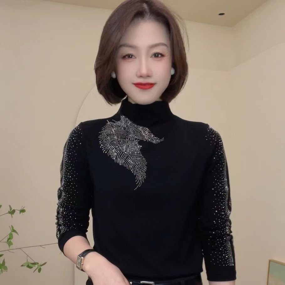 德绒烫钻打底衫女春秋冬时尚洋气保暖上衣半高领加绒小衫