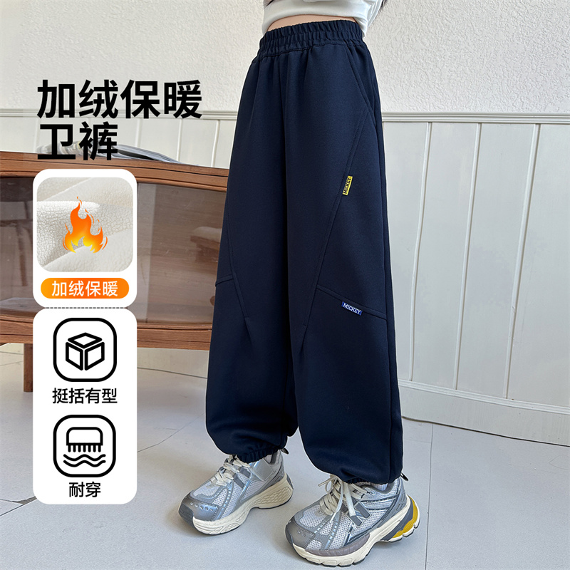 迪士尼冬新款运动舒适卫裤不规则分割设计潮酷时尚加绒束脚裤