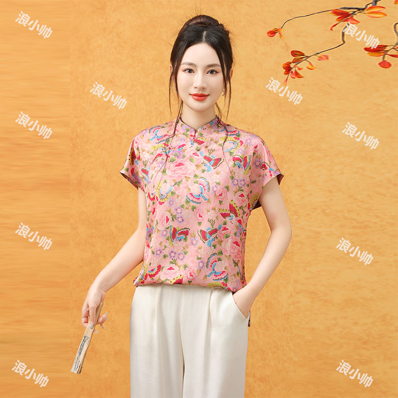 2228【粉蝶】夏季提花休闲短袖立领中长款女士小衫