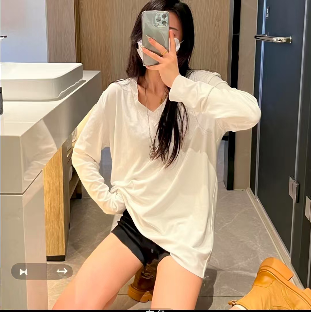 松弛V领设计罩衫韩系出游长袖松弛小众小众百搭白色长袖上衣女