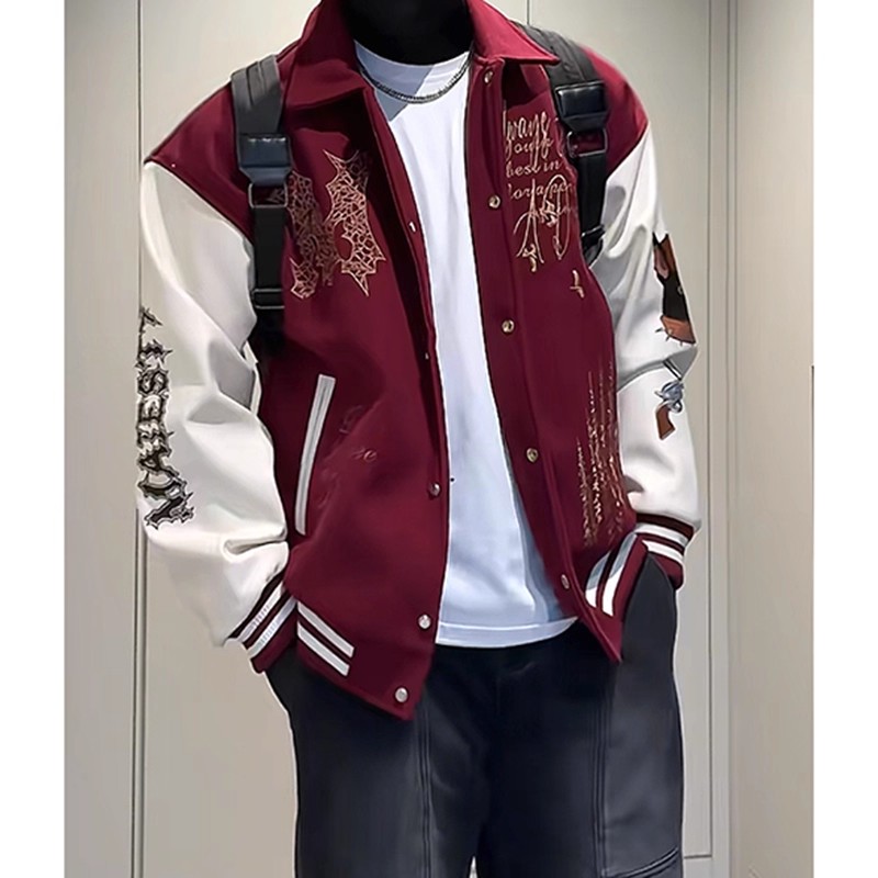 红色美式痞帅外套棒球服男款早秋穿搭潮牌刺绣小众设计感飞行夹克
