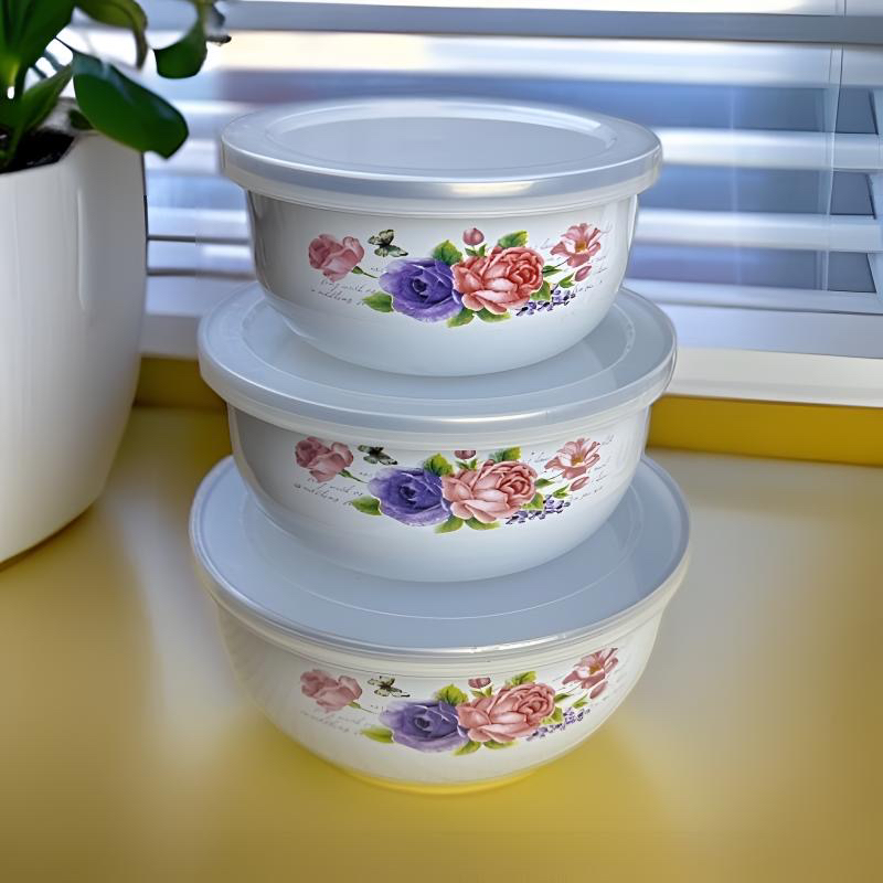 加厚搪瓷3件套保鲜碗带盖家用箱保鲜盒搪瓷碗搪瓷盆汤碗汤盆