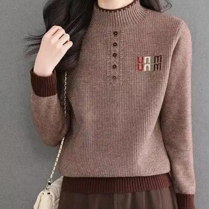 针织半高领女式秋冬宽松高领毛衣加厚宽松女士洋气