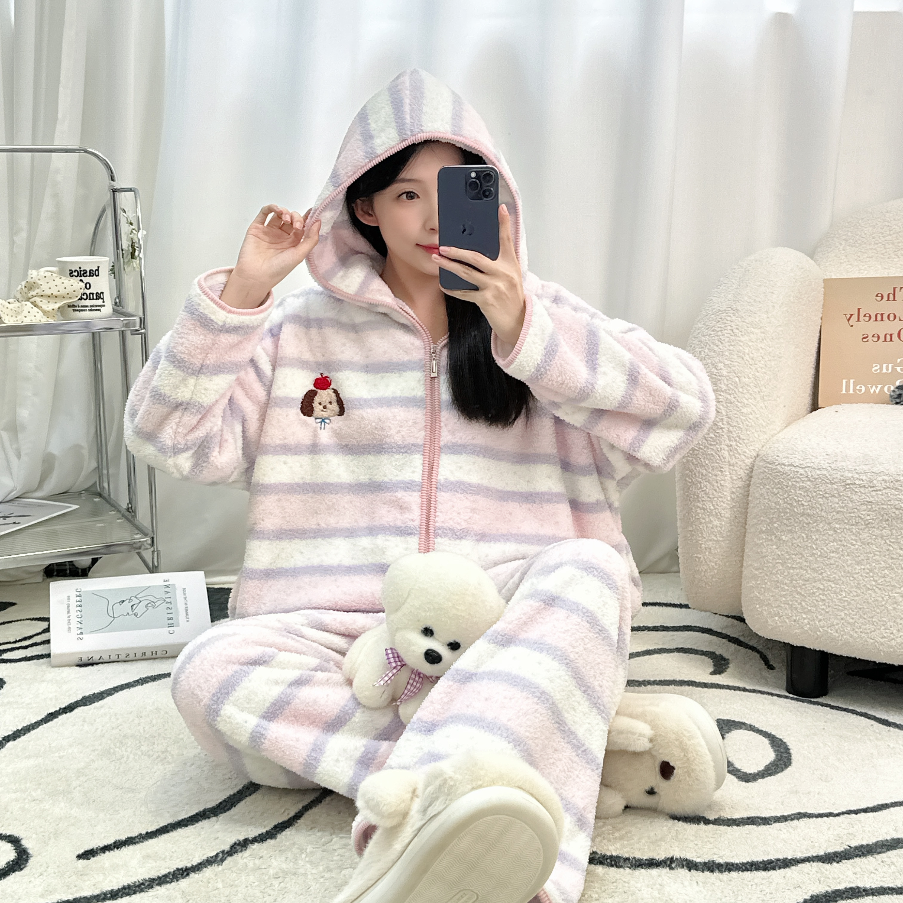 【粉红狗】粉白条纹可外穿半边绒睡衣保暖家居服套装秋冬季