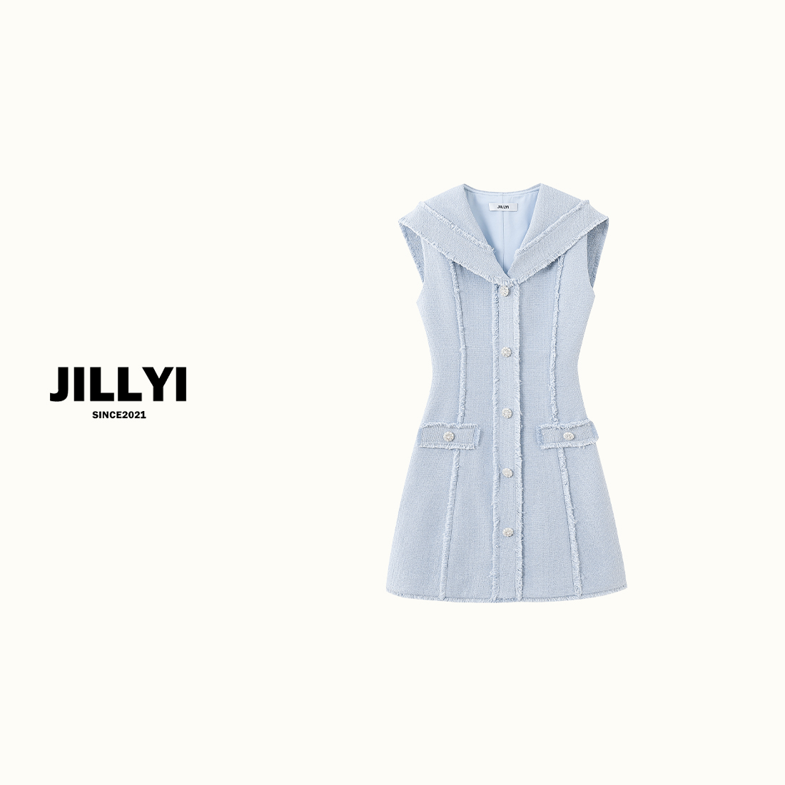 JILLYI南山店【海洋天空】浅蓝色海军领流苏工艺简约连衣裙