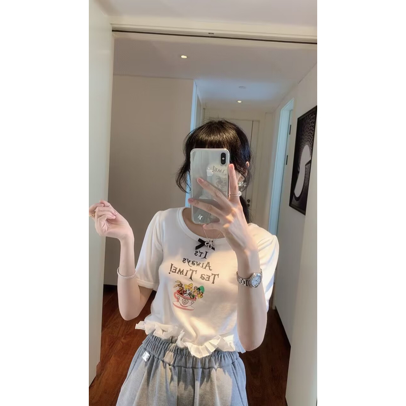 【张静芝】立体蝴蝶结茶杯字母印花短袖T恤