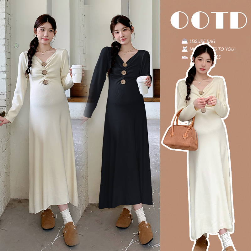 时髦孕妇装新款时尚百搭打底春秋气质针织复古法式显瘦孕妇连衣裙