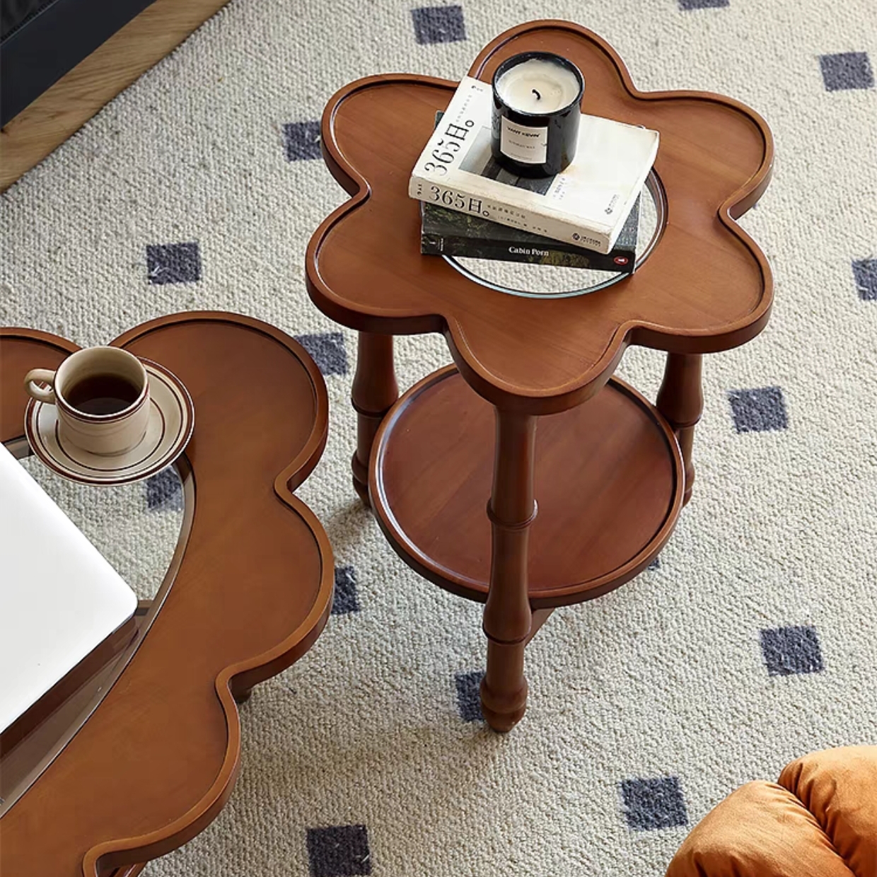 纯实木边几黄杨木角几花瓣设计小圆几法式复古小茶几花架