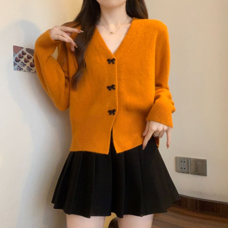 韩版小香风气质蝴蝶结纽扣v领针织开衫女百搭显瘦毛衣外套女装潮