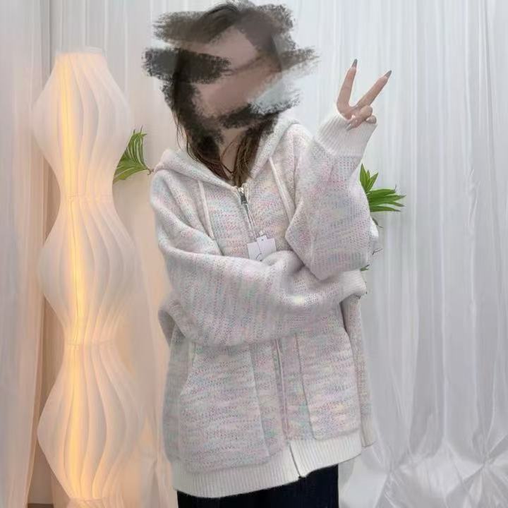多巴胺彩虹款慵懒风连帽针织开衫外套女软糯休闲外套毛衣春季新款