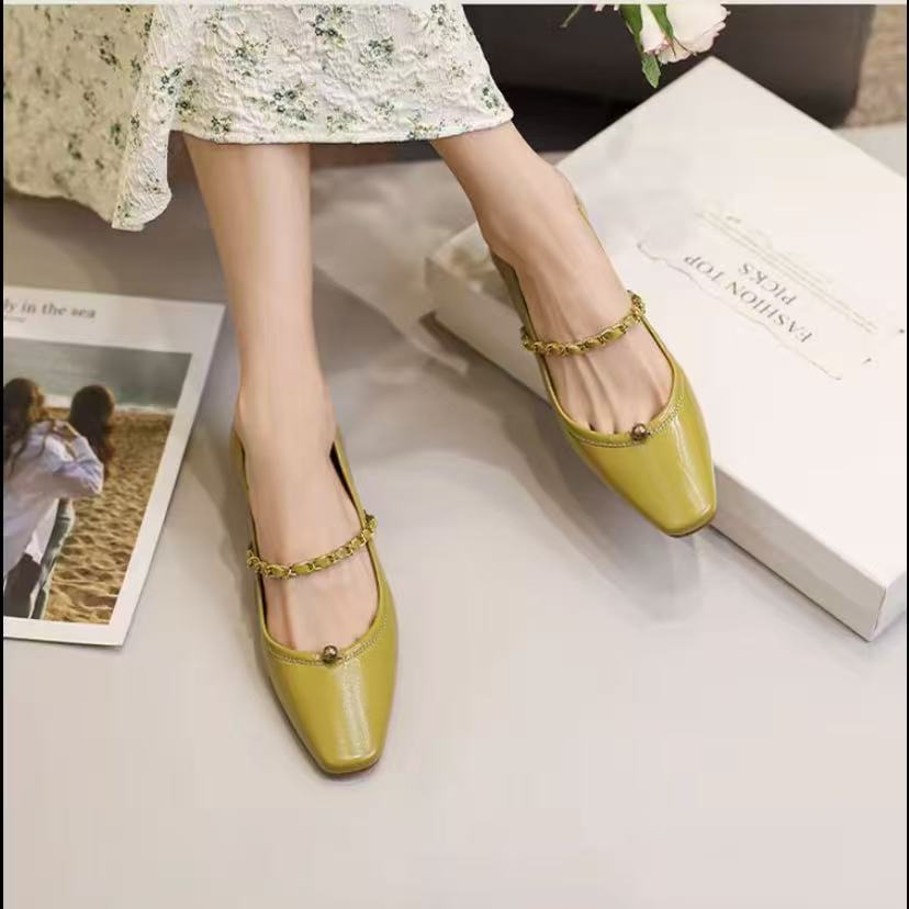 C5982 绿色 时尚方头舒适粗跟玛丽珍浅口女单鞋