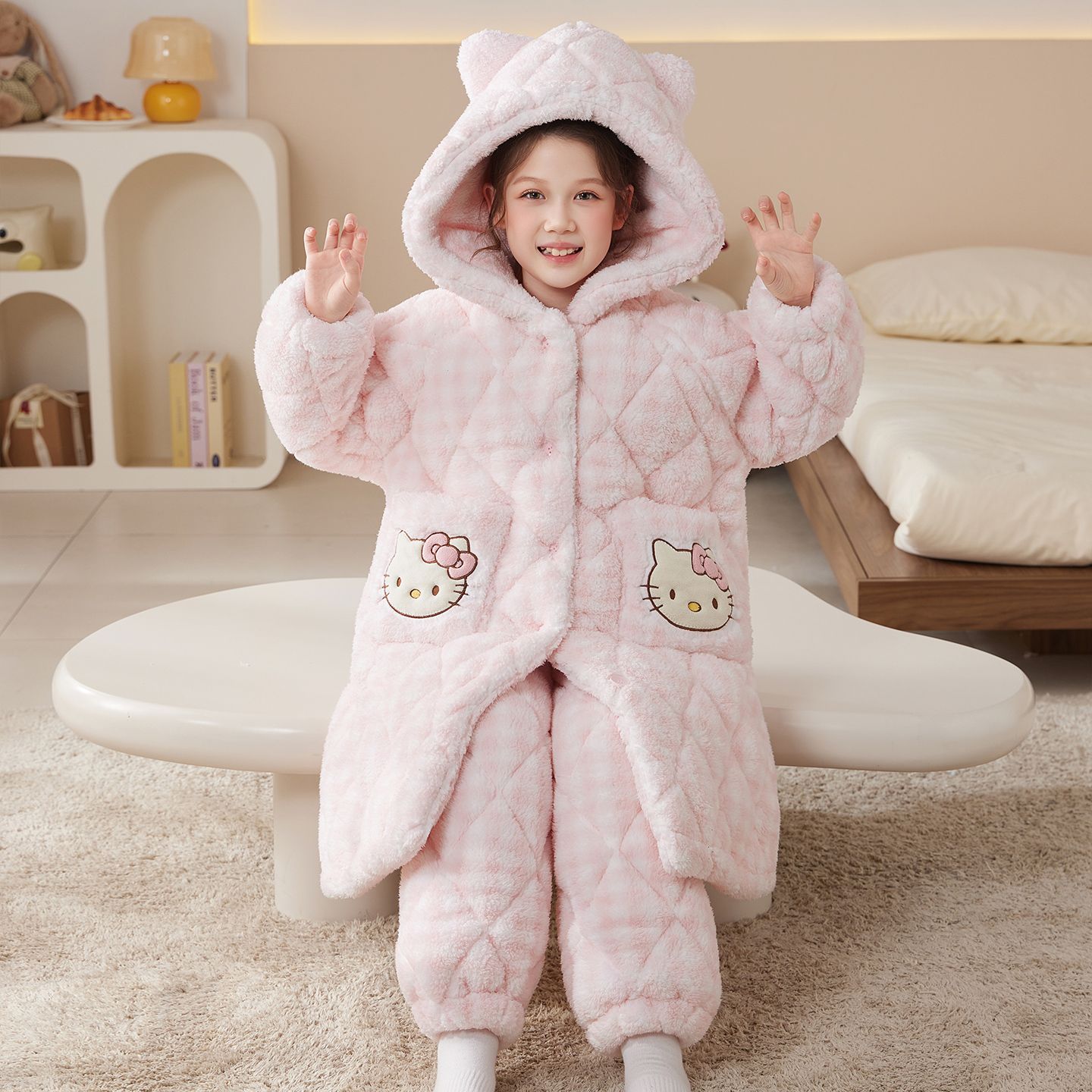 2025新款冬季珊瑚绒女童三层夹棉加绒加厚儿童套装睡衣大童家居服