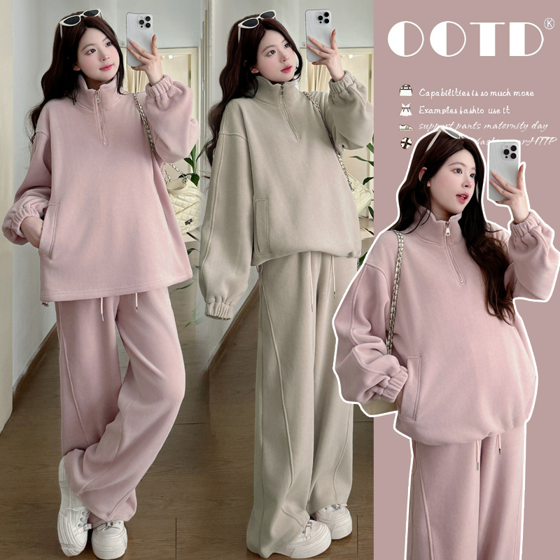 双面奥粒绒孕妇装秋冬套装加绒加厚休闲外穿立领卫衣上衣阔腿裤子