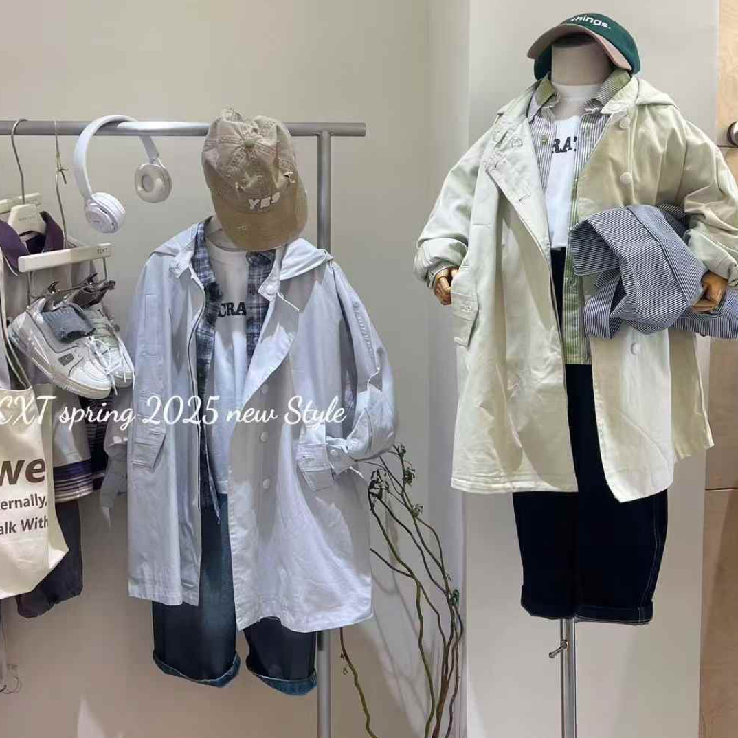 铠梦妮童装宽松潮流连帽儿童工装排扣风衣