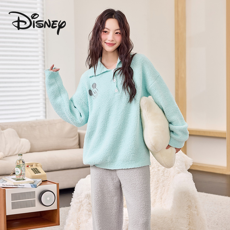 Disney/迪士尼秋冬季新款长袖保暖加厚加绒女士睡衣家居服套装