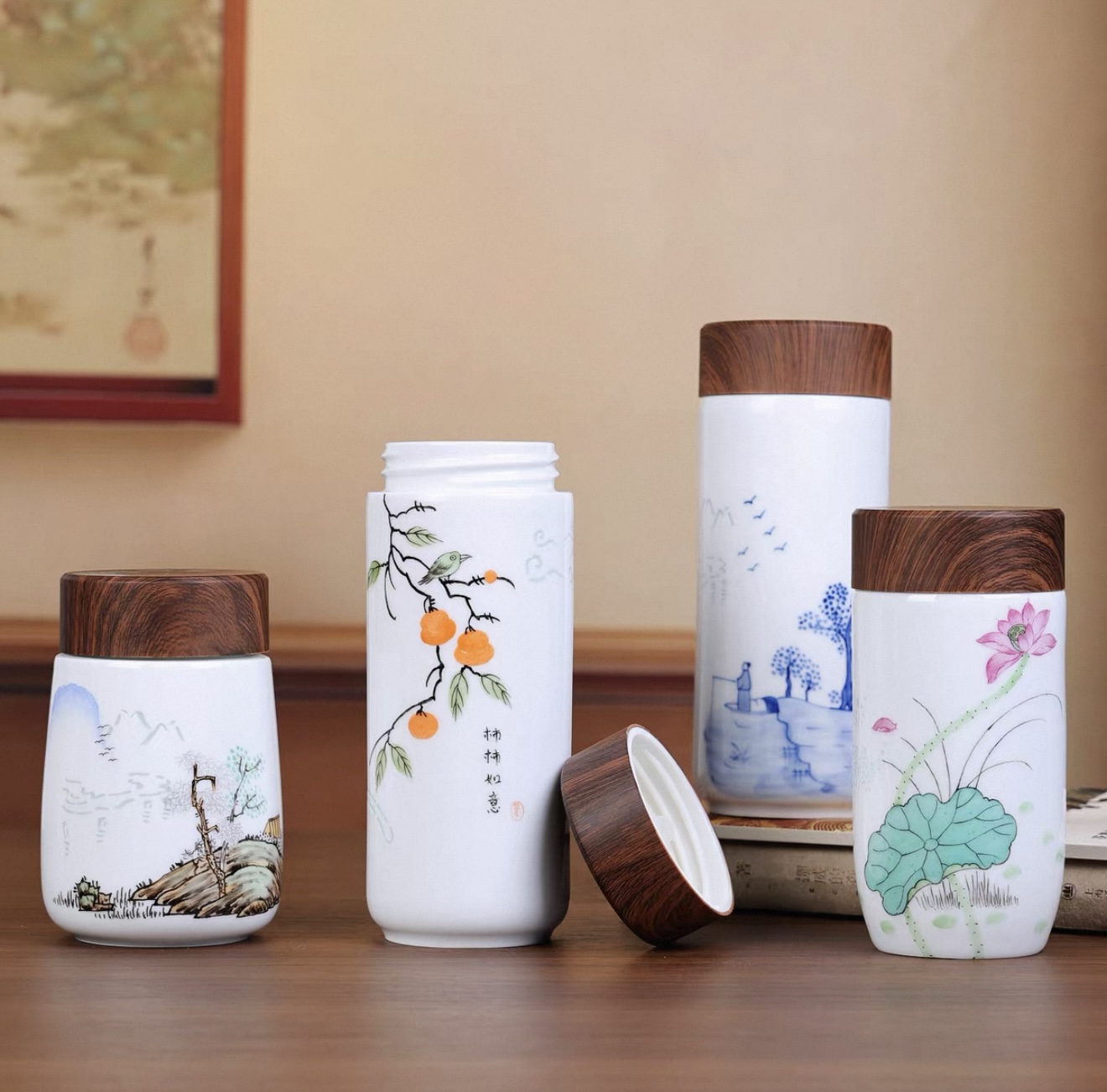 景德镇手绘陶瓷双层保温杯玲珑直身杯随手杯办公礼品瓷器茶杯文艺