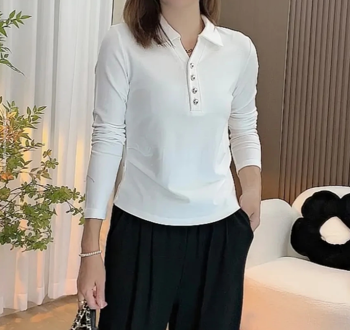 9661（302）长袖杂志风纯色T恤常规POLO领透气纽扣翻领上衣