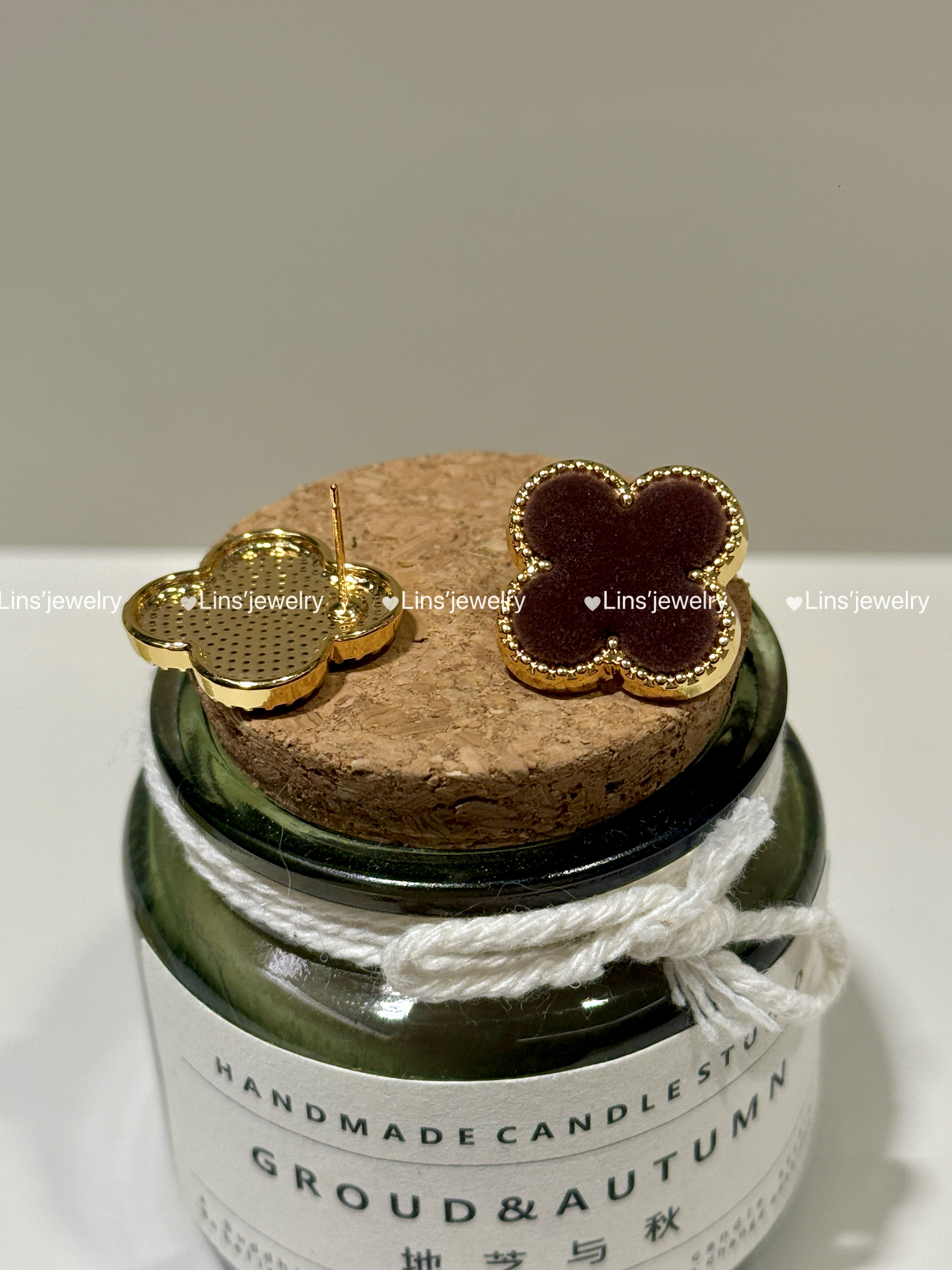 铜合金布艺耳饰 丝绒美拉德四叶草耳钉~