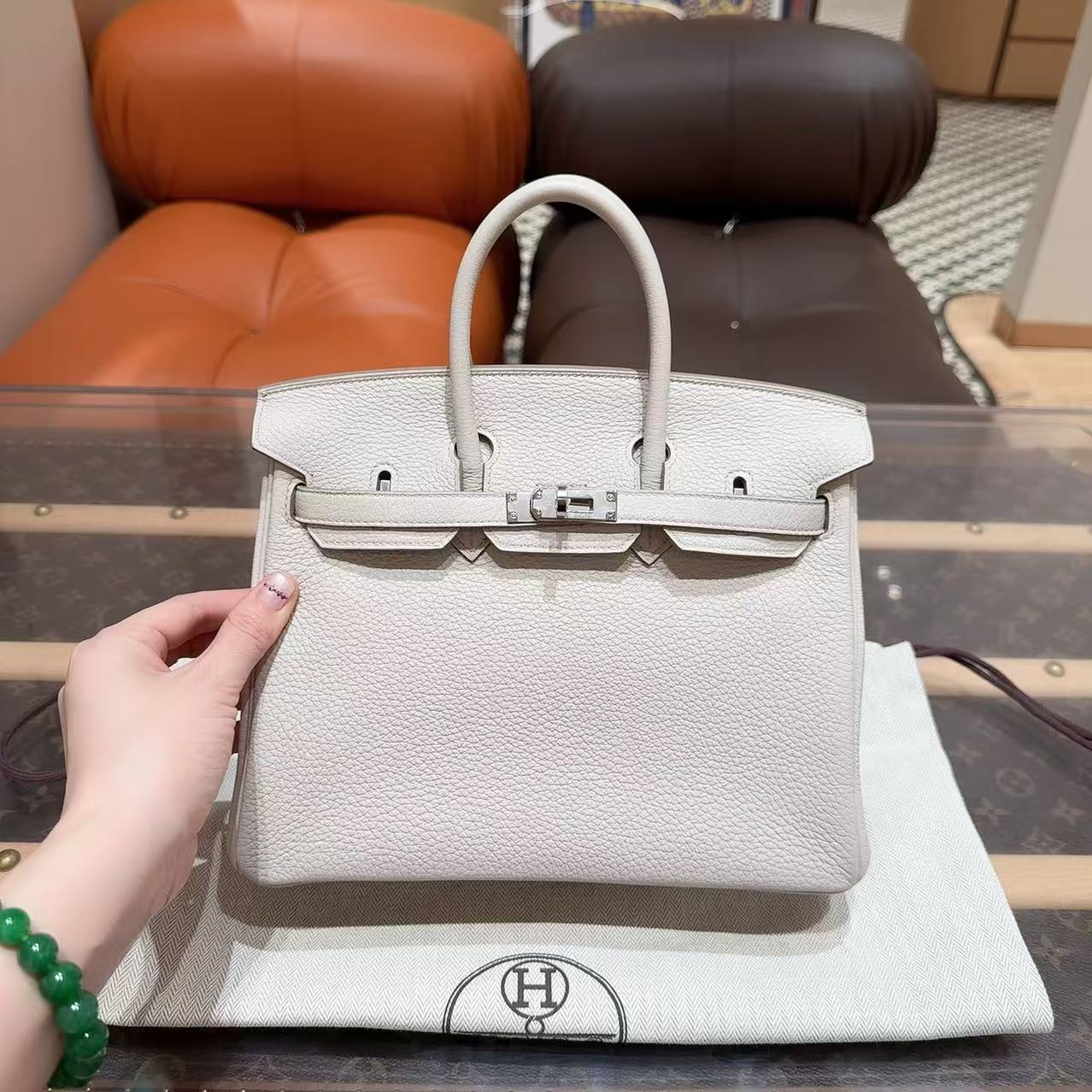 99新 Hermes/爱马仕 birkin25/冰川白/银扣/togo皮/B刻
