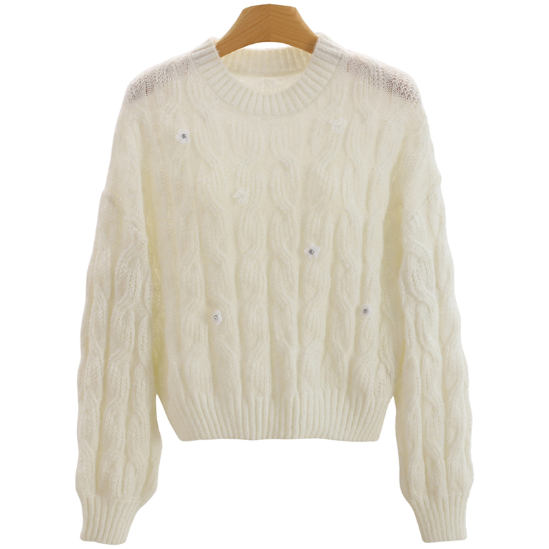 F6181-【璐】花朵装饰绞花圆领宽松短款毛衣#ZBY58M001