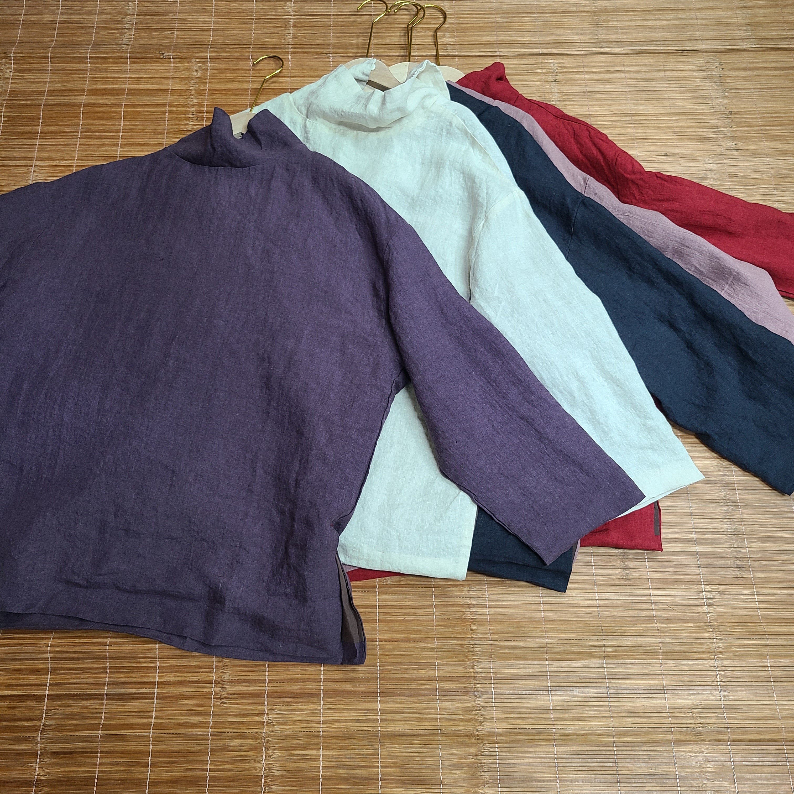 沙洗亚麻双层高领堆堆领前后两穿套头上衣＿YJ508(胸围130衣长72）