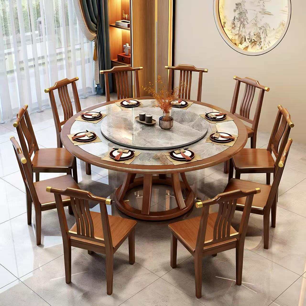 新中式乌金全实木岩板餐桌组合包边转盘家用电动餐桌饭店吧圆桌